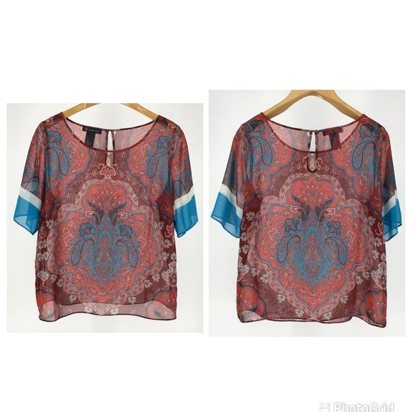 INC Sheer Red Paisley Short Sleeve Top, 12 - Picture 12 of 16